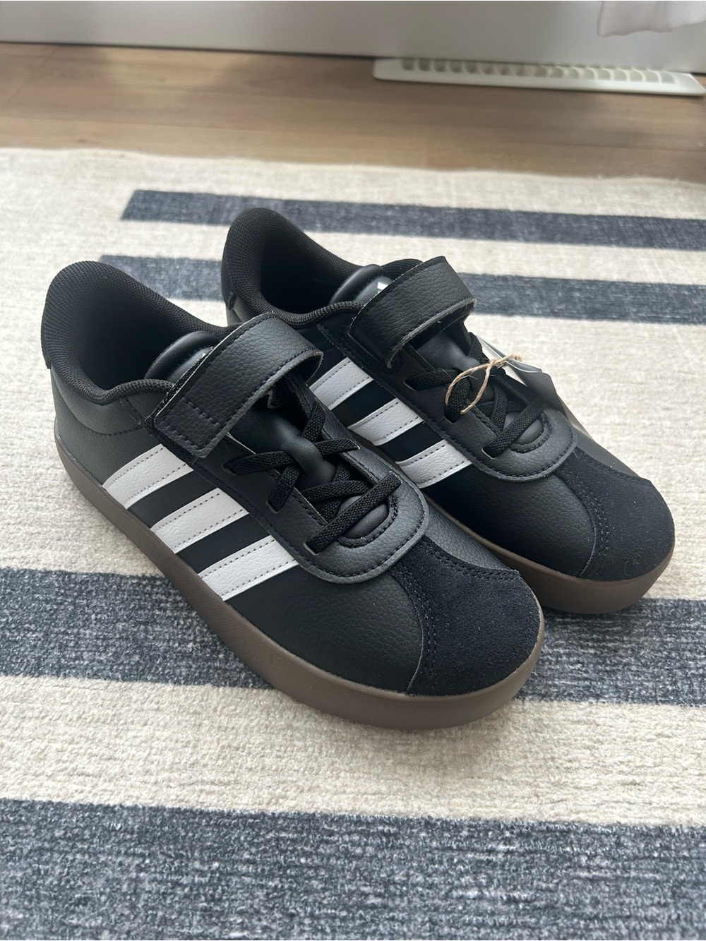 adidas Kids Black Sneakers with White Stripes - Velcro Closure